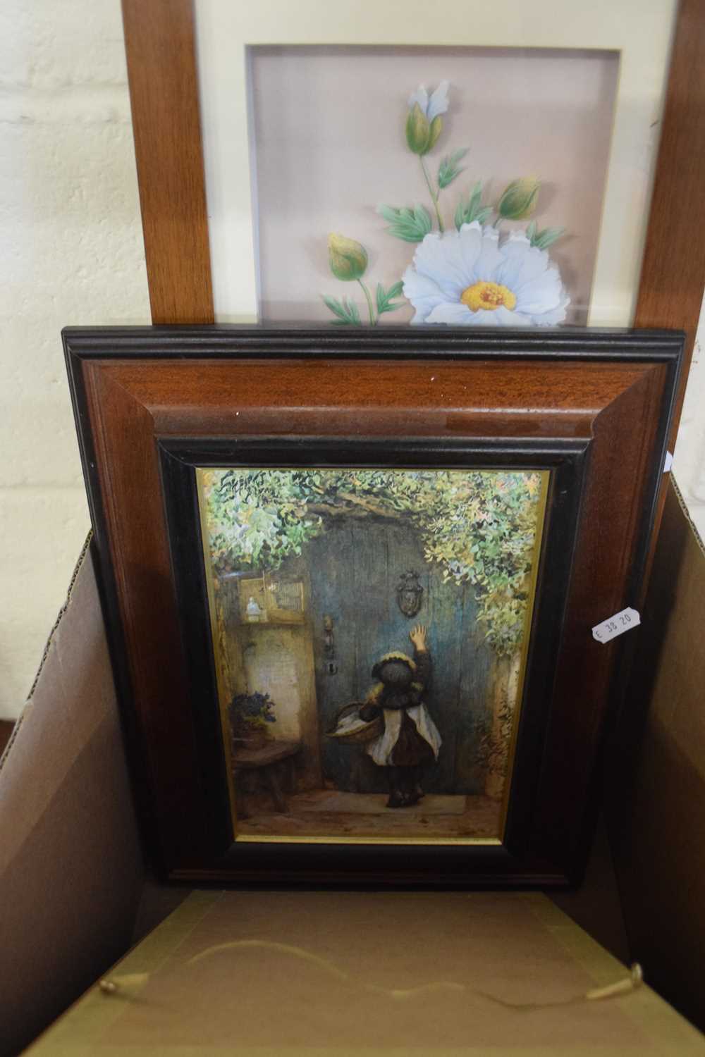 BOX OF MIXED FRAMED PICTURES, PRATT WARE POT LID IN OAK FRAME AND A WALL PLAQUE MODELLED AS THREE - Image 3 of 4