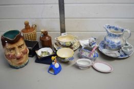 MIXED LOT ASSORTED ITEMS TO INCLUDE BLUE AND WHITE JUG, LARGE SARREGUEMINES CHARACTER JUG, VARIOUS