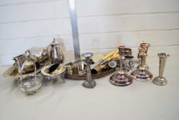 BOX OF VARIOUS ASSORTED SILVER PLATED WARES TO INCLUDE TEA WARES, CANDLESTICKS, NAPKIN RINGS ETC