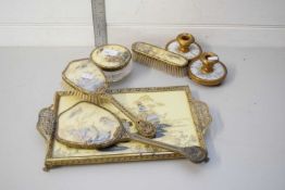 METAL MOUNTED DRESSING TABLE SET DECORATED WITH ORIENTAL DETAIL PLUS A PAIR OF NON-MATCHING