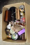 LARGE BOX OF MIXED ITEMS TO INCLUDE MUG TREES, MODERN BATTERY OPERATED CLOCKS, ANEROID BAROMETER,