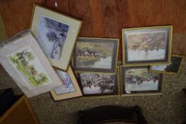 MIXED LOT COMPRISING SMALL OIL STUDY OF TWO HORSES PLUS FURTHER HUNTING PRINT AND OTHERS