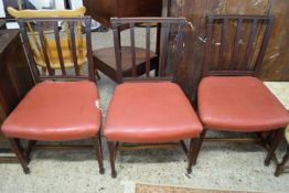 SET OF THREE 19TH CENTURY MAHOGANY FRAMED DINING CHAIRS WITH RED REXINE UPHOLSTERED SEATS