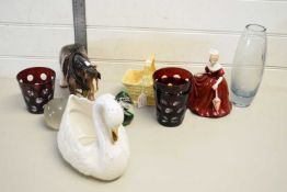 MIXED LOT PAPERWEIGHTS, A SWAN SHAPED PLANTER, MODEL SHIRE HORSE, FIGURINE AND OTHER ITEMS