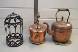 TWO COPPER KETTLES AND TRIVETS