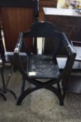 19TH CENTURY EBONISED X-FRAME CHAIR REPUTEDLY FROM THE ESTATE OF WILLIAM BENT OF BECCLES, 82CM HIGH