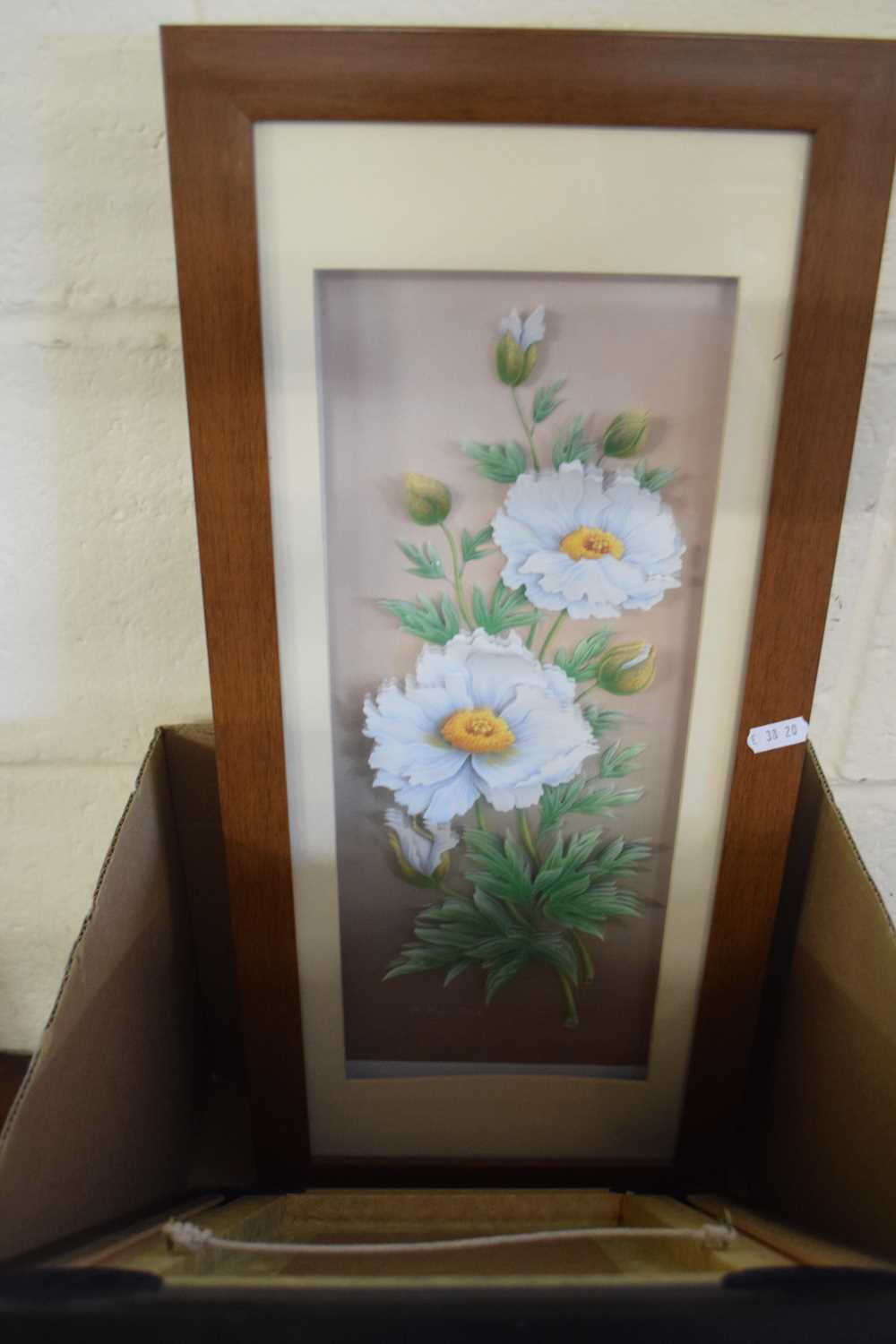 BOX OF MIXED FRAMED PICTURES, PRATT WARE POT LID IN OAK FRAME AND A WALL PLAQUE MODELLED AS THREE - Image 4 of 4
