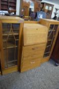 EARLY 20TH CENTURY LIGHT OAK BUREAU BOOKCASE CABINET WITH GLAZED SIDE SECTIONS, 135CM WIDE