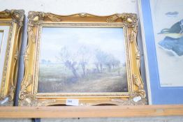 JOHN MACE, STUDY OF A FIGURE ON RURAL TRACK WITH CATTLE, OIL ON BOARD, GILT FRAMED 39CM WIDE