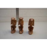 THREE WOODEN MODEL MONKEYS, HEAR NO EVIL, SPEAK NO EVIL, SEE NO EVIL