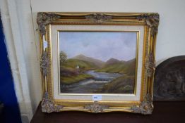 G M JAMESON, TWO STUDIES, UPLAND SCENE WITH SHEEP ON A BRIDGE AND HIGHLAND SCENE WITH RIVER AND