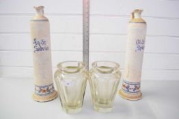 PAIR OF HEAVY CUT CLEAR GLASS VASES TOGETHER WITH A PAIR OF POTTERY OIL JARS