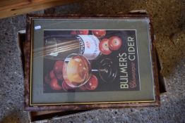 BOX OF MIXED ITEMS TO INCLUDE REPRODUCTION WHISKY ADVERTISING PICTURES, WINE BOX SECTIONS ETC