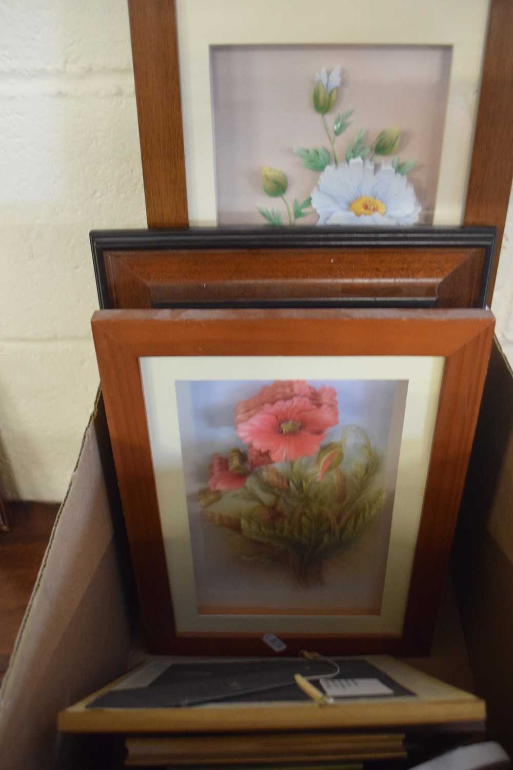 BOX OF MIXED FRAMED PICTURES, PRATT WARE POT LID IN OAK FRAME AND A WALL PLAQUE MODELLED AS THREE - Image 2 of 4