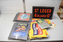 BOX VARIOUS ADVERTISING CARDS, FRAMED AND LOOSE ST LEGER ILLUMINATED SIGN AND OTHERS
