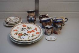 VARIOUS CHARACTER JUGS, ASSORTED DECORATED PLATES ETC