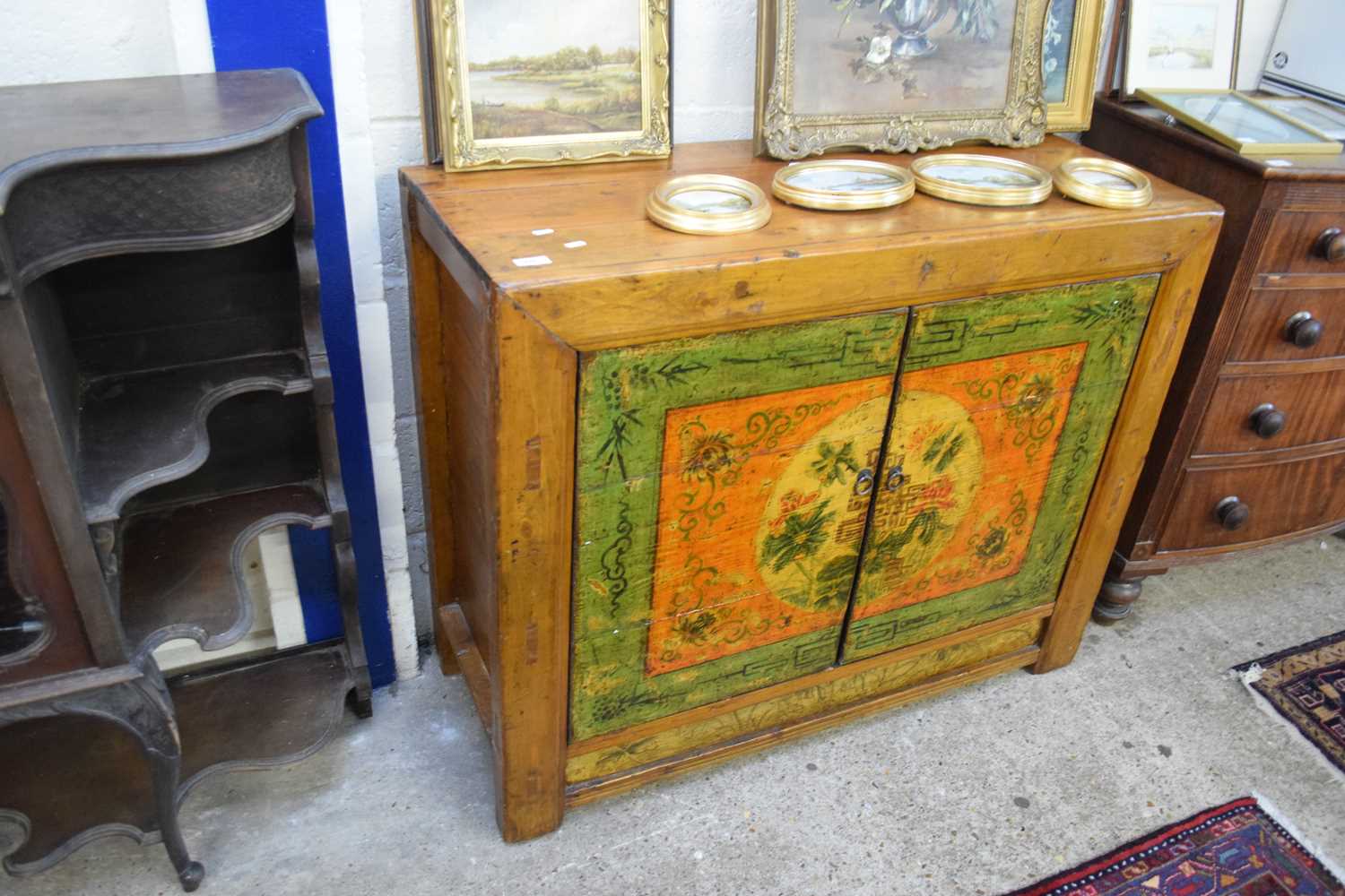 CHINESE PAINTED AND STAINED PINE SIDE CABINET WITH SHELVED INTERIOR, 110CM WIDE