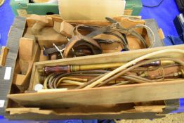 BOX OF MIXED WOODWORKING PLANES, TOOLS, VINTAGE HAND PUMP ETC
