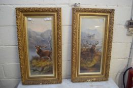 PAIR OF EARLY 20TH CENTURY COLOURED PRINTS, STAGS IN HIGHLAND SETTINGS, SET IN GILT FRAMES, 90CM