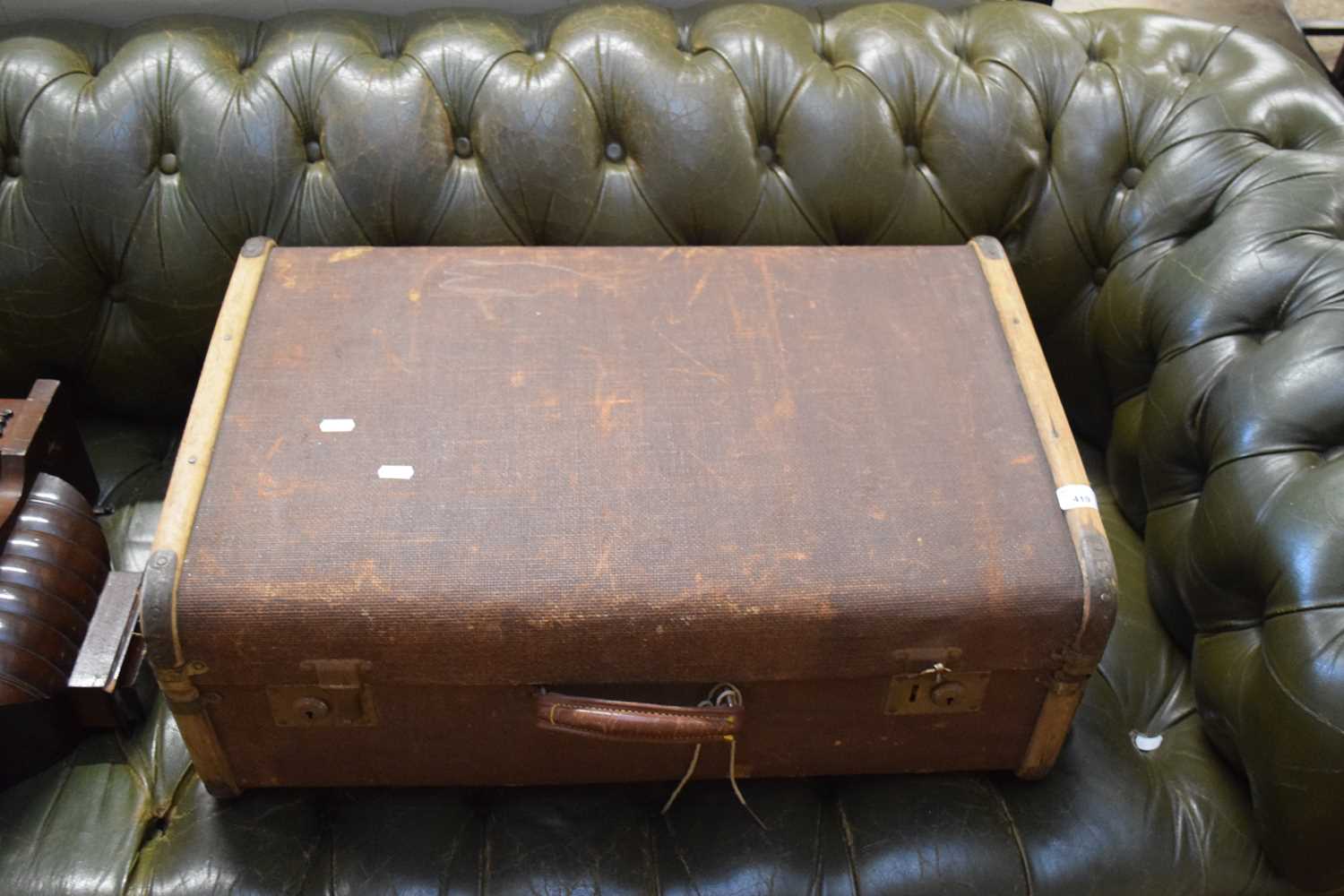 VINTAGE WOOD BOUND TRAVEL TRUNK, 68CM WIDE