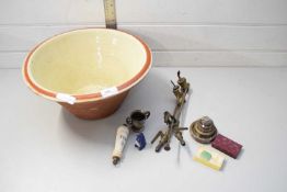 STONEWARE DAIRY BOWL CONTAINING MIXED ITEMS TO INCLUDE BRASS WEIGHTS, VINTAGE ACETYLENE AND OXYGEN