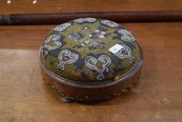 VICTORIAN CIRCULAR FOOT STOOL WITH BEADWORK TOP, 30CM DIAM