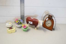 BESWICK MODEL OF A HEREFORD COW TOGETHER WITH FLORAL ENCRUSTED TRINKET BOXES, MODEL FLOWERS AND A