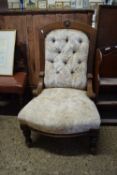 VICTORIAN OAK FRAMED NURSING CHAIR WITH BUTTONED UPHOLSTERY, 100CM HIGH