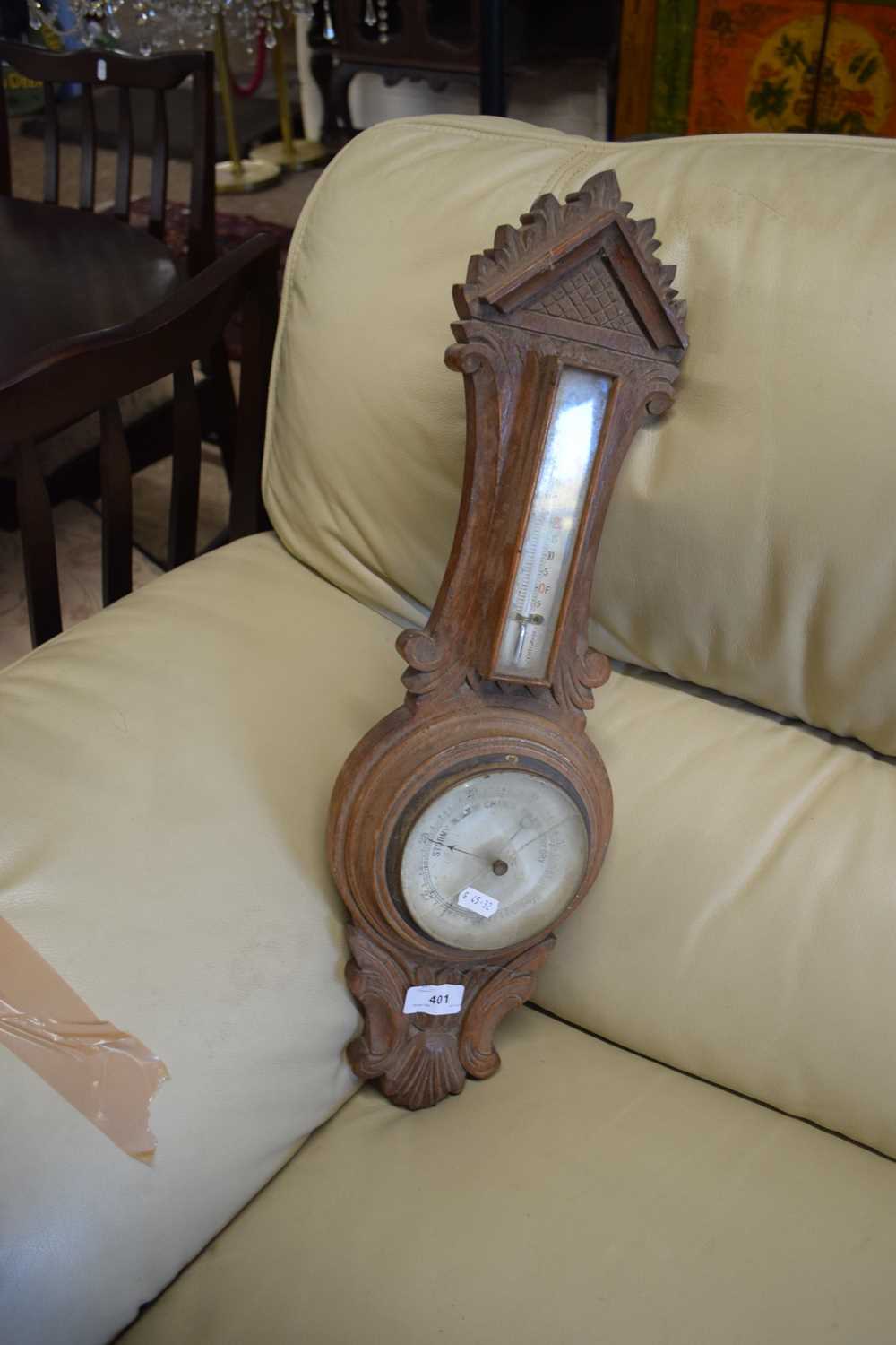 LATE VICTORIAN SMALL ANEROID BAROMTER AND THERMOMETER IN CARVED CASE, 58CM HIGH