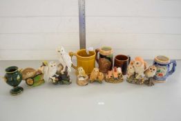 MIXED LOT OF TANKARDS, ASSORTED MODEL OWLS, LILLIPUT LANE COTTAGE ETC