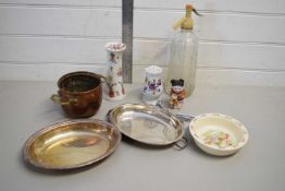 BOX OF MIXED ITEMS TO INCLUDE SODA SIPHON, HAT PIN STAND, BUNNIKINS BOWL ETC