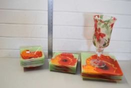 QUANTITY OF GLASS POPPY DECORATED PLATES AND BOWLS TOGETHER WITH A FURTHER CHRISTMAS VASE