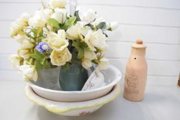 TWO WASH BOWLS, VARIOUS FAKE FLOWERS AND A MILK COOLER
