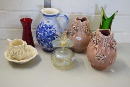 MIXED LOT COMPRISING ART GLASS VASE, VARIOUS FLORAL ENCRUSTED VASES, LUSTRE GLASS SCENT BOTTLE AND