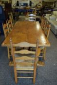 LARGE 20TH CENTURY OAK REFECTORY DINING TABLE TOGETHER WITH A SET OF EIGHT RUSH SEATED AND