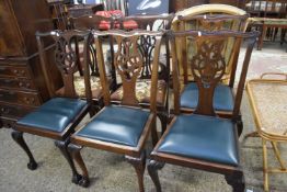 HARLEQUIN SET OF SIX EARLY 20TH CENTURY MAHOGANY DINING CHAIRS, TWO WITH FLORAL UPHOLSTERED SEATS,