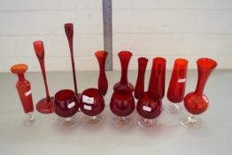 COLLECTION RUBY GLASS WARES TO INCLUDE BRANDY BALLOONS, VARIOUS VASES, CANDLESTICKS ETC