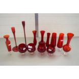 COLLECTION RUBY GLASS WARES TO INCLUDE BRANDY BALLOONS, VARIOUS VASES, CANDLESTICKS ETC