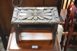 SMALL CARVED OAK STOOL, 39CM WIDE