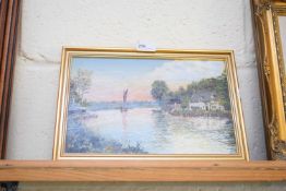 20TH CENTURY BRITISH SCHOOL, STUDY OF A BROADLAND RIVER SCENE, OIL ON BOARD, UNSIGNED, GILT