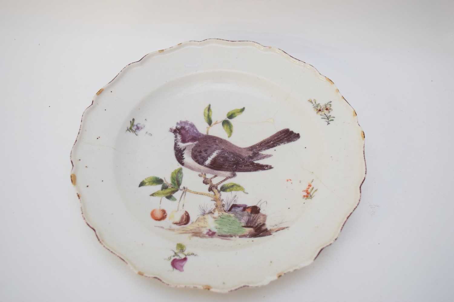 Rare Chelsea red anchor plate decorated with a house sparrow sitting on a branch with cherries