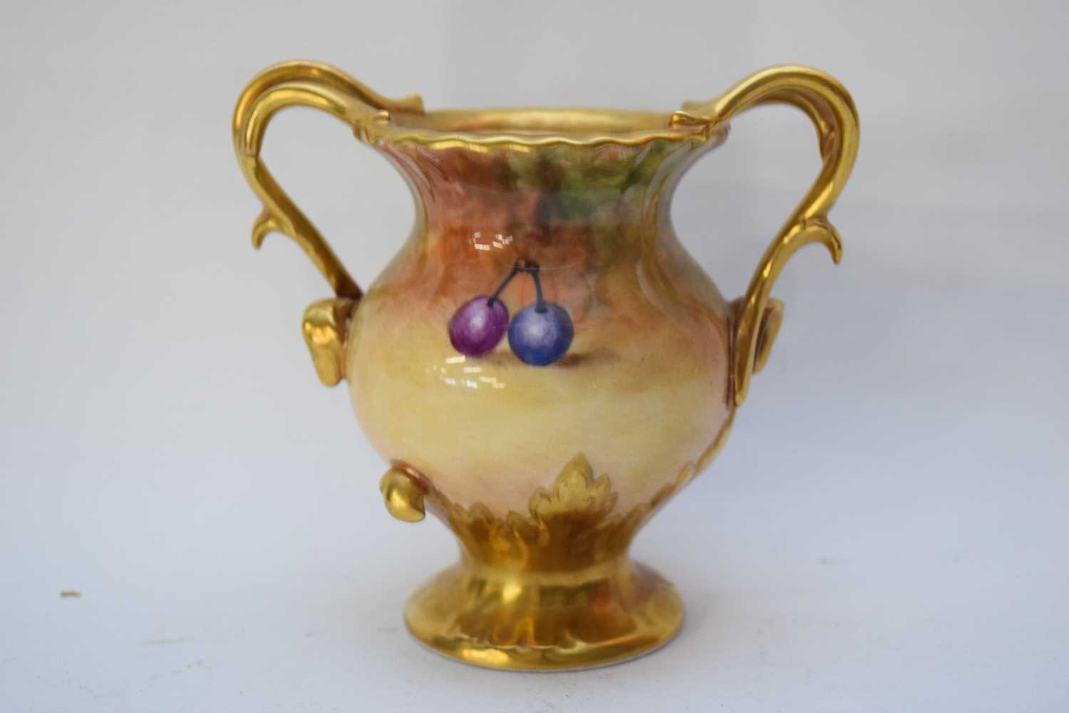 Coalport vase with gilt handles painted with fruit, signed by N Lear - Image 4 of 6