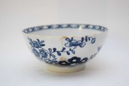 Small Lowestoft bowl circa 1770, with a blue and white root pattern design with hatched border to
