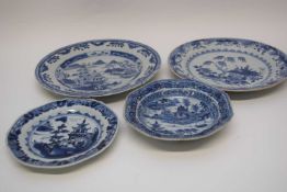 Two octagonal 18th century Qianlong plates, blue and white Nanking design, together with two further