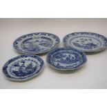 Two octagonal 18th century Qianlong plates, blue and white Nanking design, together with two further