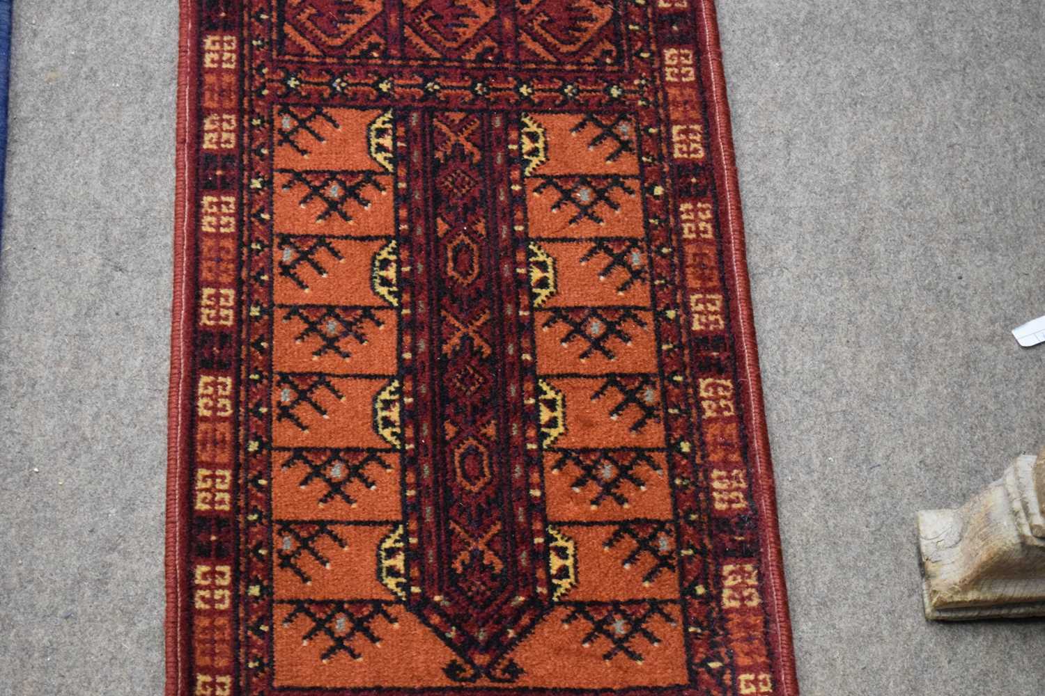 Small Middle Eastern wool runner carpet decorated with central lozenge on a principally red and - Image 3 of 4