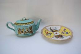 19th century Meissen plate with flowers and pastoral scenes, together with a Majolica tea pot, the