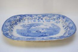 Large Staffordshire blue and white meat plate with the Eton College design, patter ref to base, 45cm