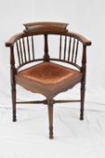 Edwardian mahogany bow back corner chair with red upholstered seats, 75cm high