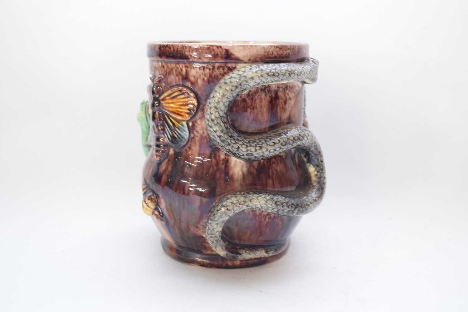 Continental majolica style vase modelled in relief with a green frog, insects and a snake in - Image 3 of 6